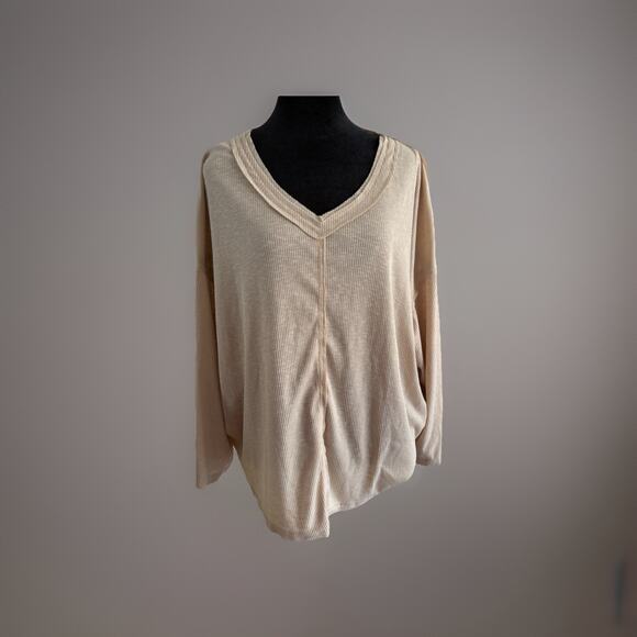 POL Beige Ribbed Knit Top - Small Cottagecore Holiday Boho Neutral Slouchy Layer - Picture 2 of 11